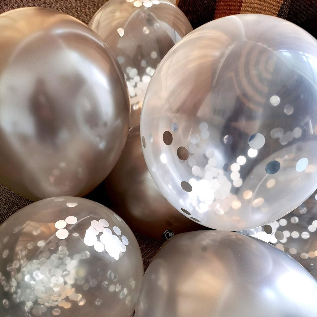 50 12-inch Latex Balloons, 25 Pearlized Pearlescent Silver+25 Transparent with Confetti Large Thick Big Round Shining Biodegradable Bulk Helium Gas Air Inflated Kids Birthday Wedding Party Decorations