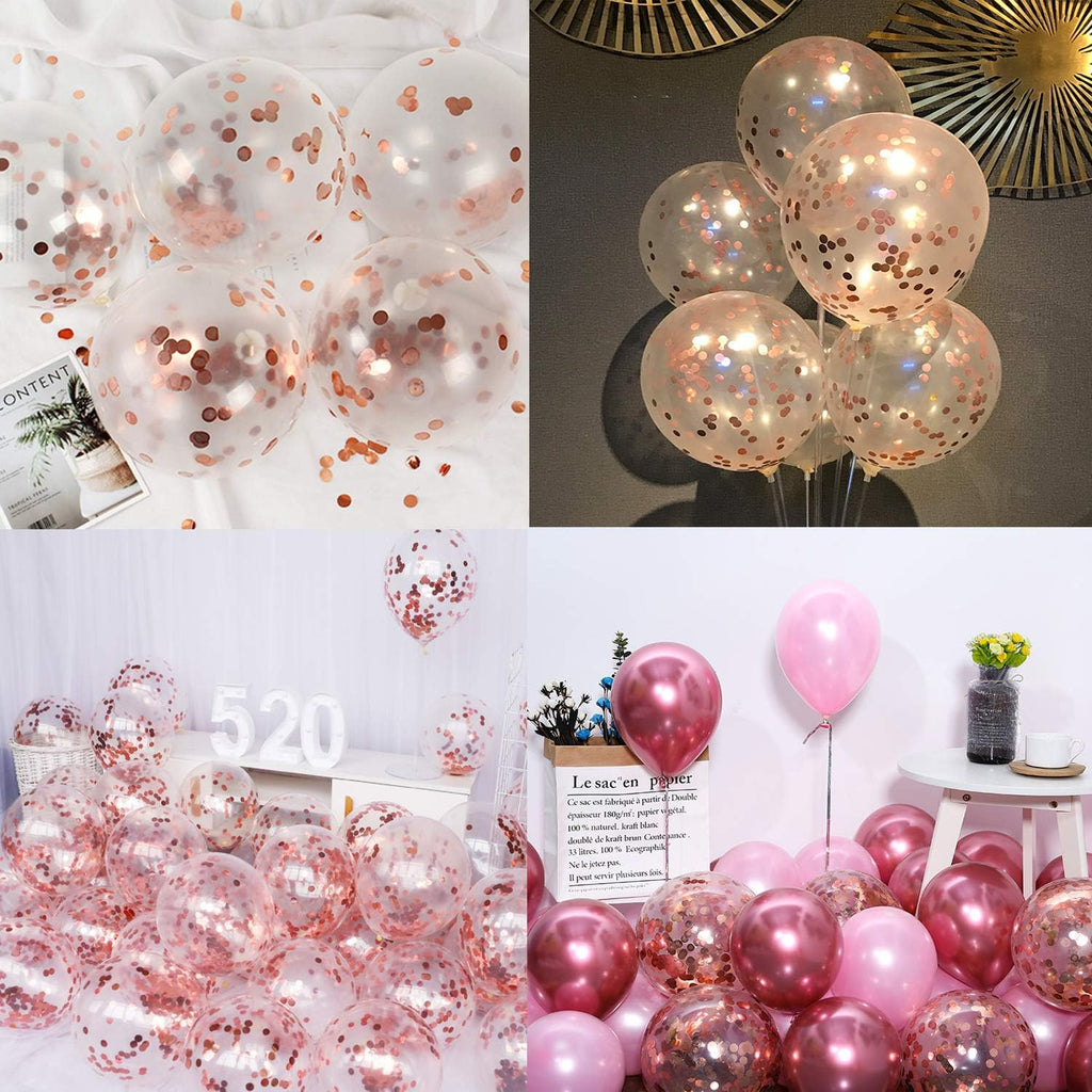 50 12-inch Transparent Latex Balloons with Rose Gold Confetti Large Thick Big Round Shining Biodegradable Bulk Helium Gas or Air Inflated for Kids Birthday Wedding Party Decorations Supplies Favors