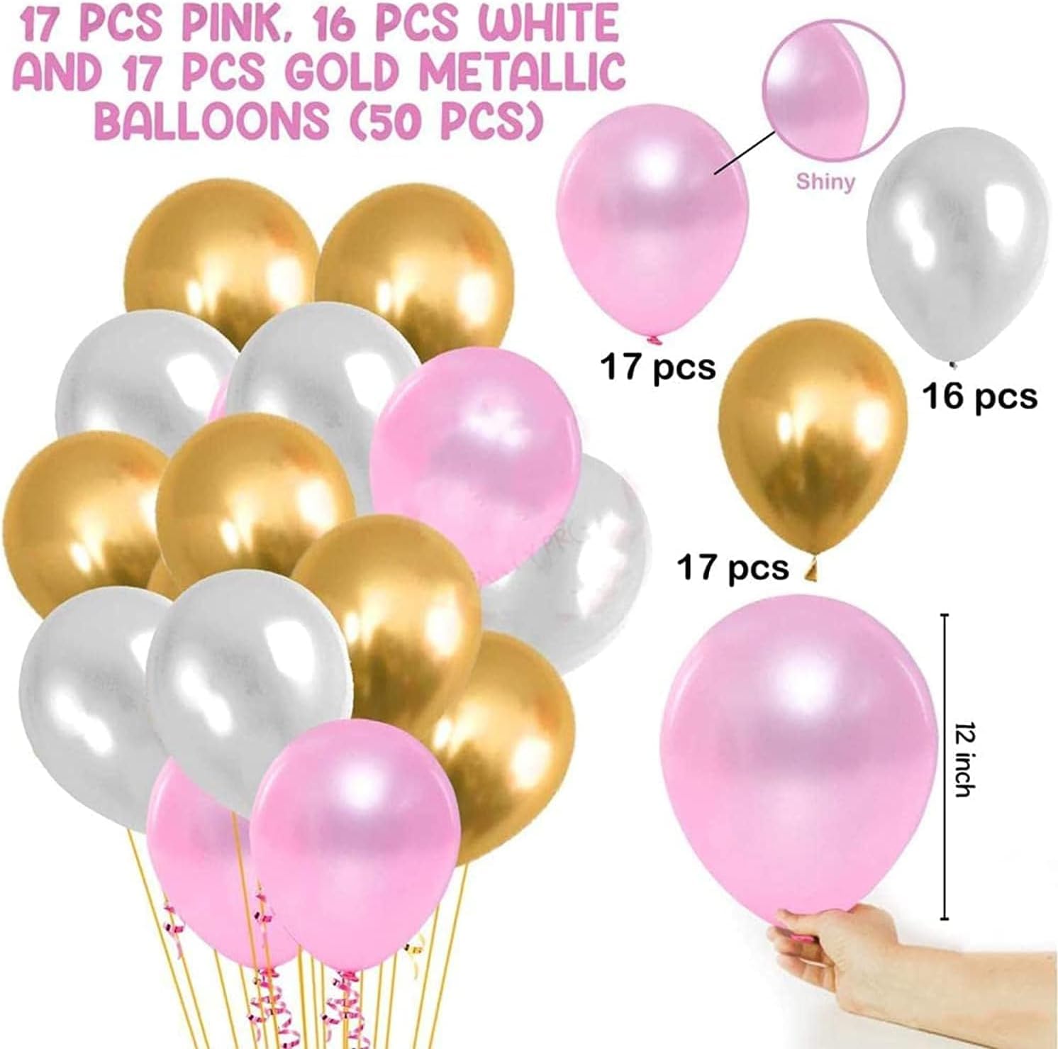Pink, Golden, and White Metallic Balloons – 50 Pcs for Birthday Decoration or General Party Use
