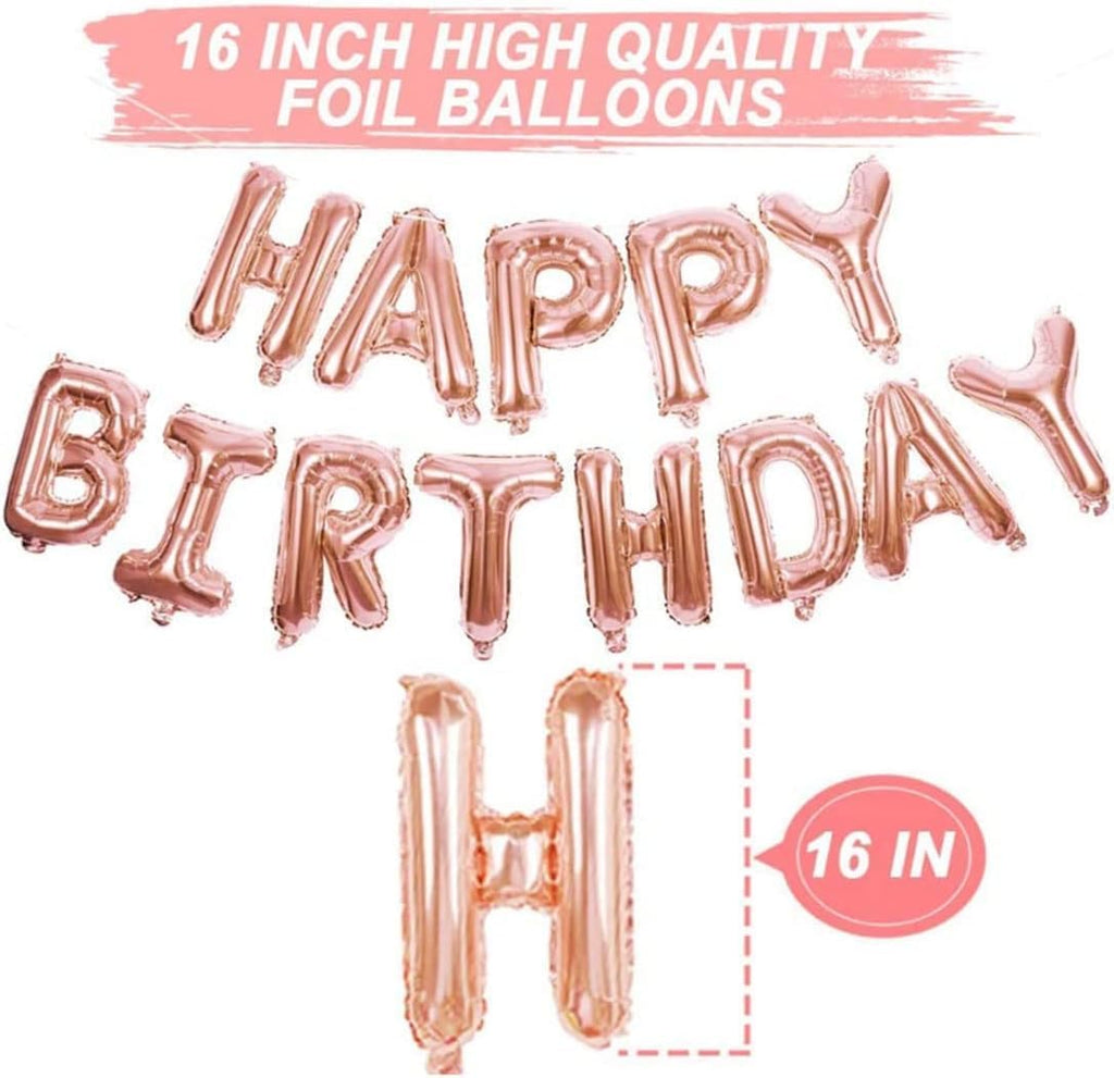 Rose Gold Happy Birthday Balloon Banner with White and Rose Gold Confetti Balloons – Perfect decoration for women’s and girls’ birthday parties.