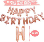 Rose Gold Happy Birthday Balloon Banner with White and Rose Gold Confetti Balloons – Perfect decoration for women’s and girls’ birthday parties.