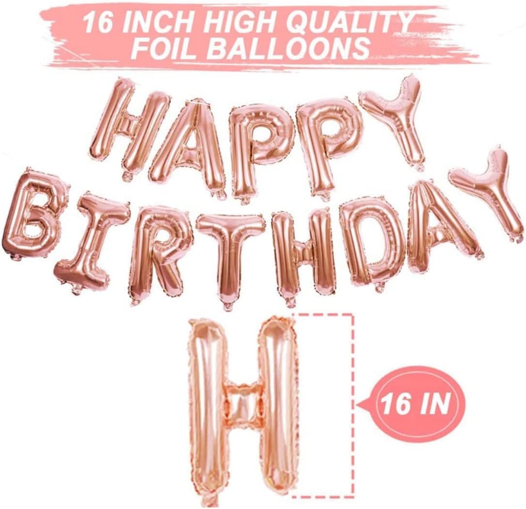 Rose Gold Happy Birthday Balloon Banner with White and Rose Gold Confetti Balloons – Perfect decoration for women’s and girls’ birthday parties.