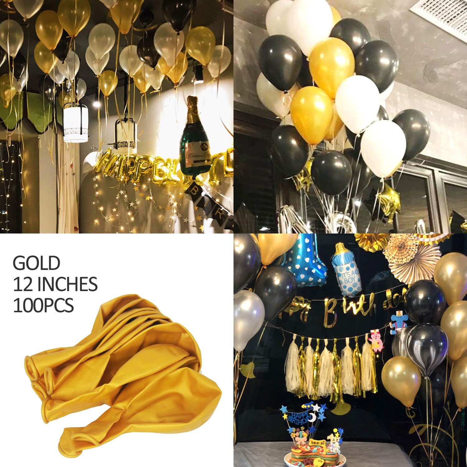 100 PCS 12 Inches Metallic Gold Latex Balloons Large Thick Big Round Shining Pearlescent Golden Color Biodegradable Bulk Helium Gas or Air Inflated for Kids Birthday Party Decorations Supplies Favors