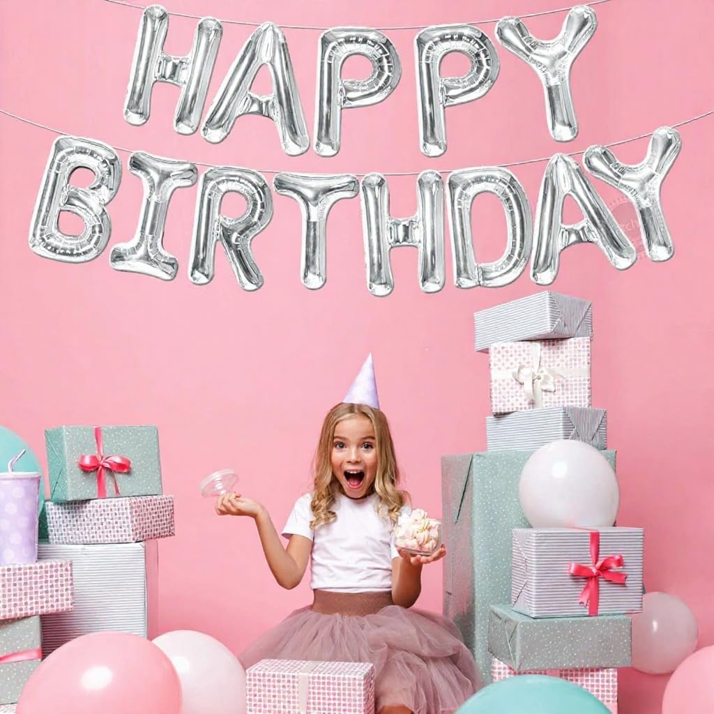 Silver Happy Birthday Balloons Banner - 16 Inch | Happy Birthday Sign Balloons for Happy Birthday Decorations | Happy Birthday Party Decoration | Happy Birthday Banner for Birthday Party Decoration