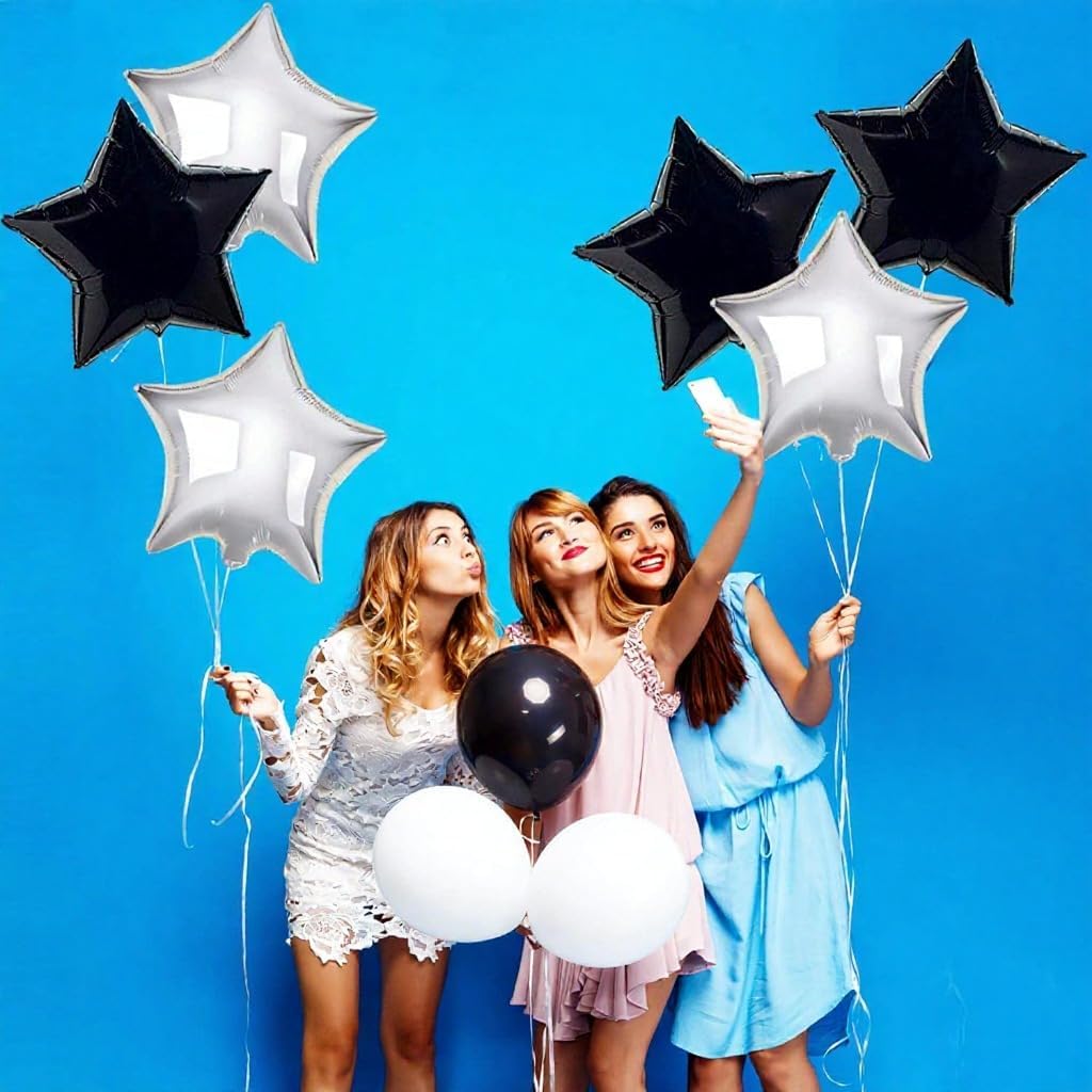 Black and Silver Star Shaped Balloons – 18 Inch, Pack of 6 | Perfect for New Year's Eve, Graduation Parties | Black and Silver Star Balloons for Class of 2024 Party Decoration