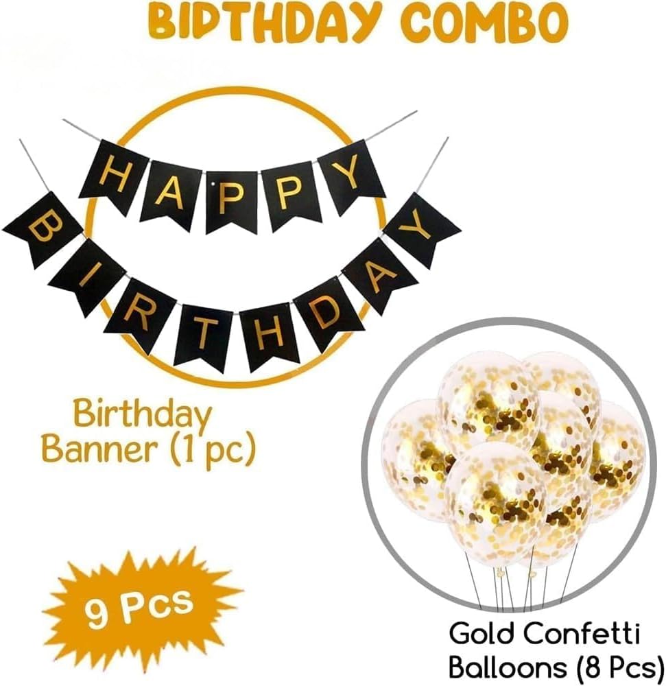 9 Pcs Happy Birthday Decoration Set – Black "Happy Birthday" Banner with Confetti Balloons and Ribbon – Birthday Party Decoration for All Ages