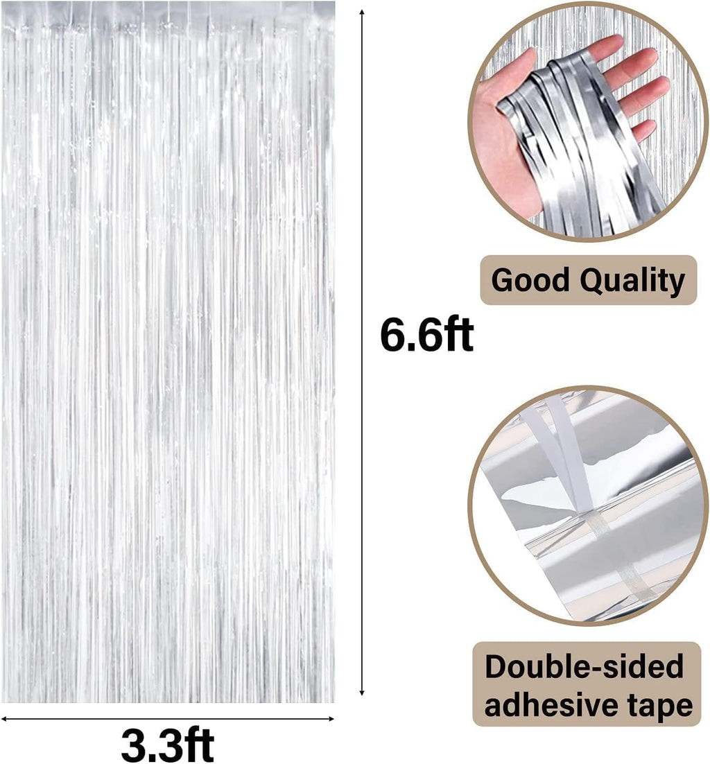 Metallic Tinsel Foil Fringe Curtains Party Photo Backdrop – 2-Piece Set, Size 100 x 200 cm, Silver