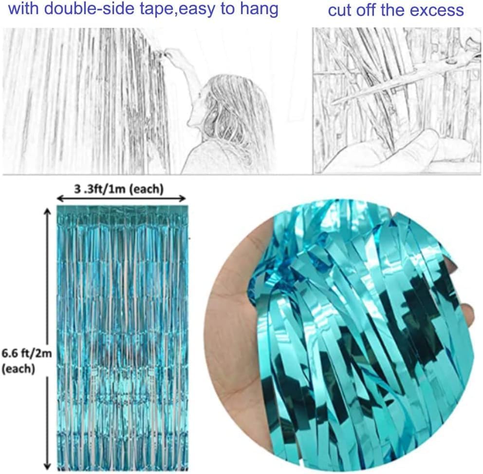 3Pcs Blue Foil Fringe Curtain, Foil Metallic Fringe Shimmer Backdrop Curtains for Birthday Party Decorations | Blue Birthday Curtains for Baby Shower - 1x2m