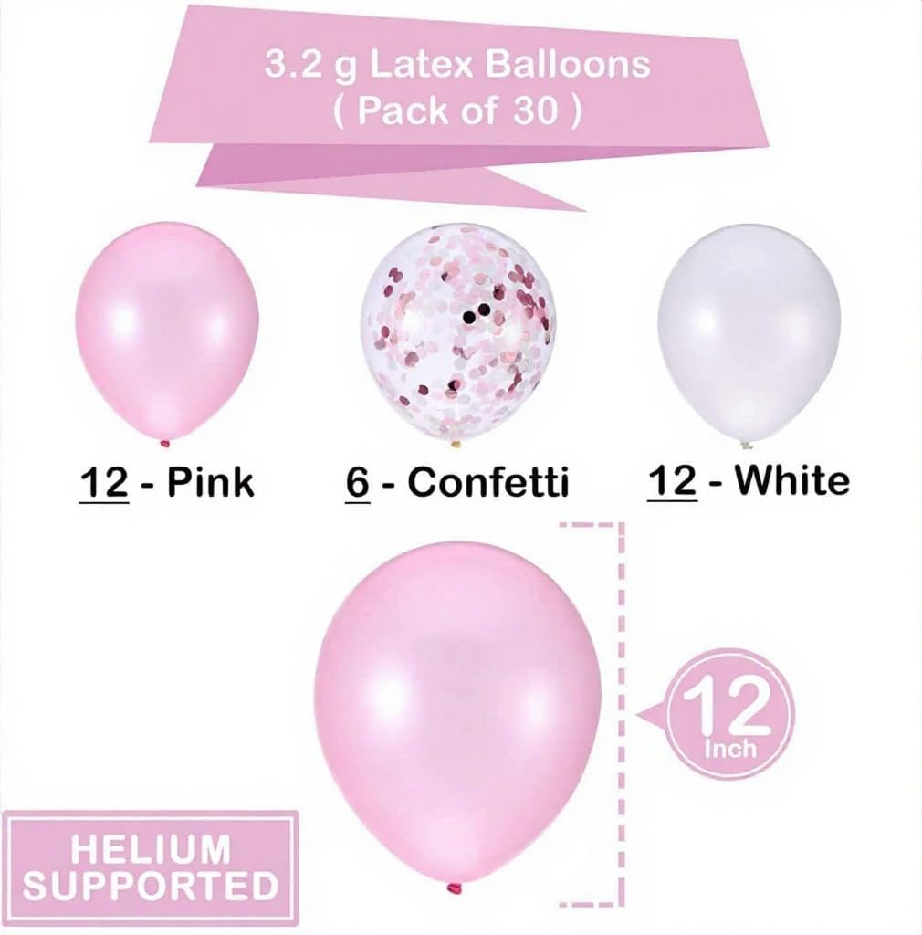 Pink and White Confetti Party Balloons Pack of 30 | Light Pink and White Confetti Latex Balloon Decorations Supplies | Great for Birthday Party Backdrop, Baby Bridal Shower, Wedding