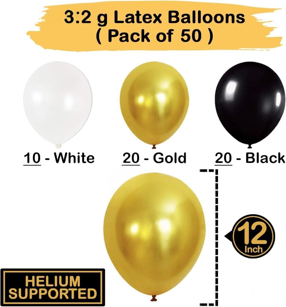 Gold and Black Party Balloons – Pack of 50 | White Latex Balloons | Gold Party Decorations | Chrome Latex Balloons for Birthday, Bachelorette Decor, Bridal Shower, Home, Office Decor Supplies Kit
