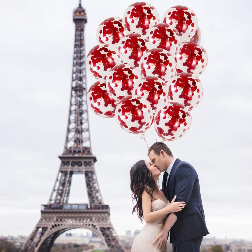 Red Confetti Balloons Kit - Pack of 30 | Red Balloons for Valentines Day Decorations | Red Glitter Balloons for Red Theme Birthday Party, Anniversary Decorations, Weddings, Bridal and Baby Shower