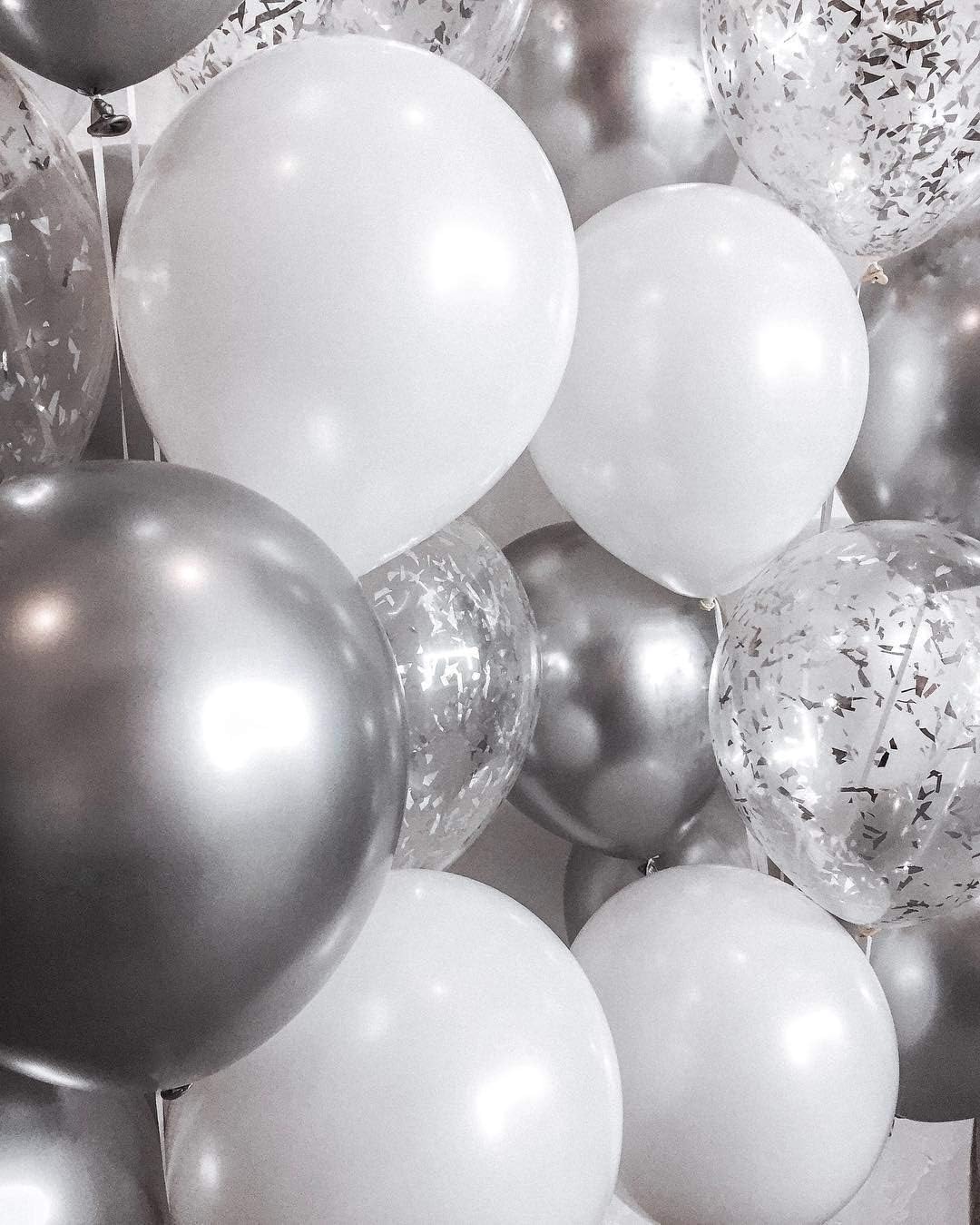 White Chrome Silver Confetti Balloons Bouquet 24PCs for Wedding Bridal Shower Birthday Pa