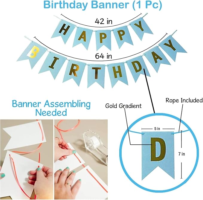 9Pcs Happy Birthday Decoration Set – Blue Happy Birthday Banner with Confetti Balloons and Ribbon - Birthday Party Decoration for Boys, Girls, Men & Women