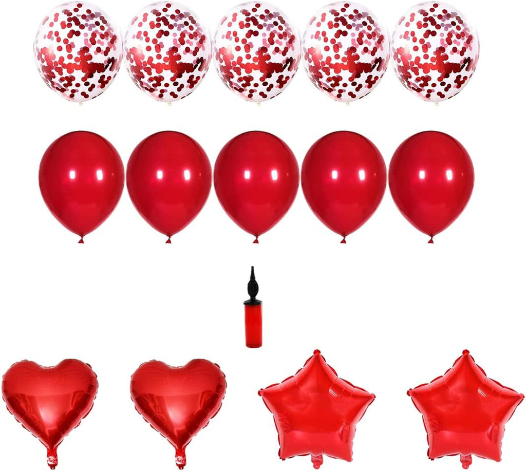Balloon Sets with Star, Heart Foil Balloons for Birthday, Wedding, Festival Decoration Party Decoration Kids Baby Men Women Adult Party Supplies (14pcs in 1set) With Air Pump (Red)