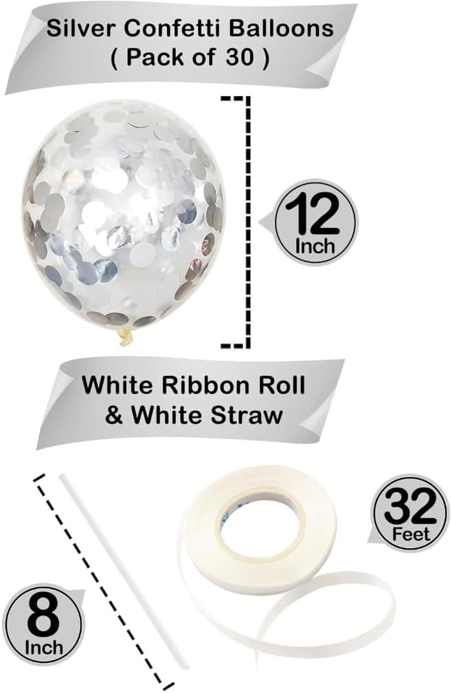 Silver Confetti Balloons Set – Pack of 30, 12 Inch | Silver Party Balloon Decorations | Confetti Silver Balloons for Birthday Party | Latex Balloons for Bridal Shower, Home, Office Decor