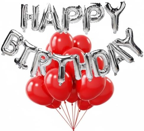 Happy Birthday Letters Silver Foil Balloons with Red Latex Balloons for Birthday Decoration Combo Set of 64 Pcs