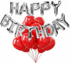 Happy Birthday Letters Silver Foil Balloons with Red Latex Balloons for Birthday Decoration Combo Set of 64 Pcs