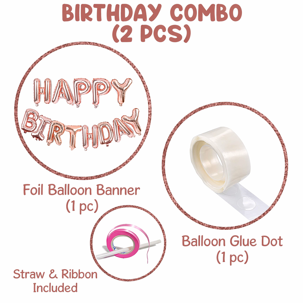 Set of 2 Pcs Combo Rose Gold Happy Birthday Foil balloons Banner with Gluedot for Birthday decoration/rose gold balloon/rose gold birthday/rose gold birthday decorations