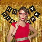 Golden Foil Curtains with Black Birthday Banner - Pack of 3-3ft x 6ft Tinsel Fringe Backdrop & Black Banner for Birthday Decoration, Photo Booth, Hall & Home