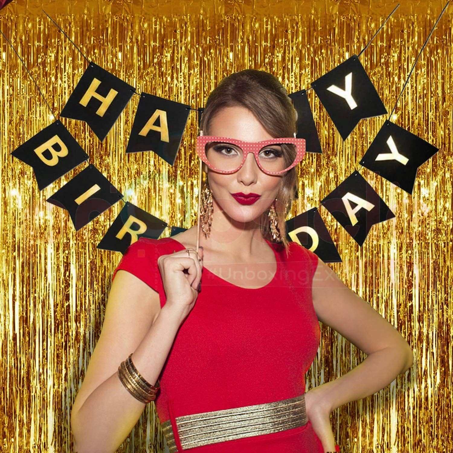 Golden Foil Curtains with Black Birthday Banner - Pack of 3-3ft x 6ft Tinsel Fringe Backdrop & Black Banner for Birthday Decoration, Photo Booth, Hall & Home