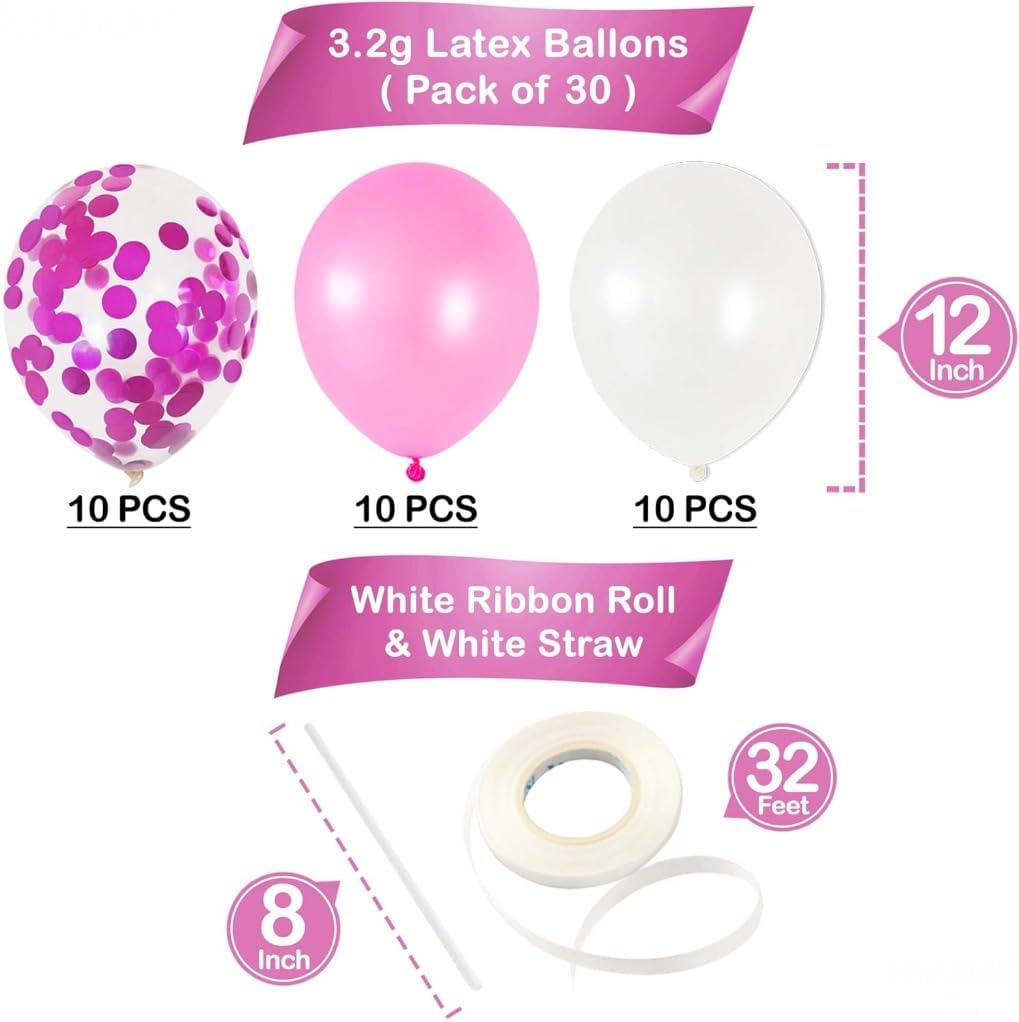 Pink, White and Pink Confetti Latex Balloons Kit – Pack of 30 | Pink White Helium Balloons for Girl Birthday Decoration | Romantic Balloons for Anniversary, Wedding, Valentines Party Decor, Baby Showe