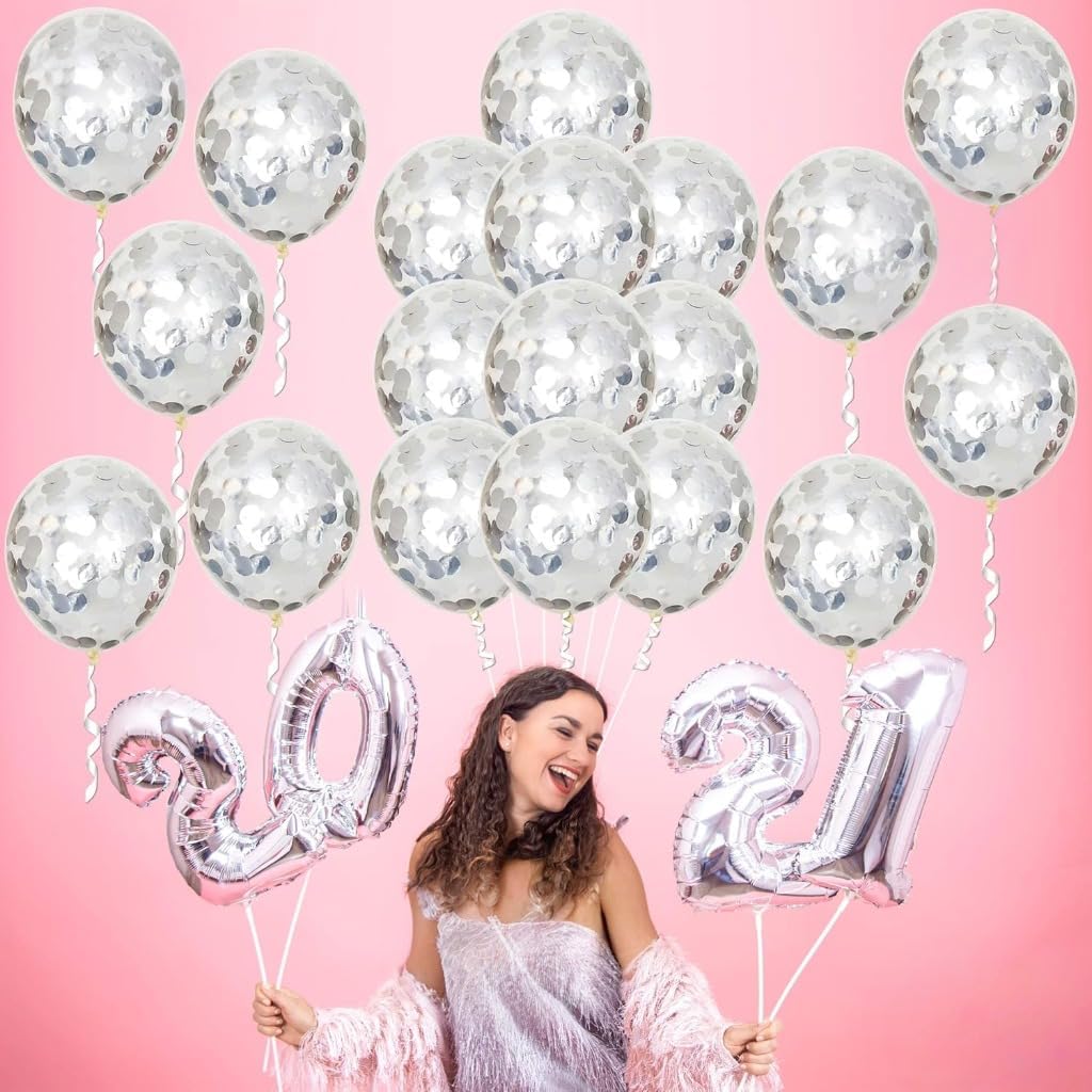 Silver Confetti Balloons Set – Pack of 30, 12 Inch | Silver Party Balloon Decorations | Confetti Silver Balloons for Birthday Party | Latex Balloons for Bridal Shower, Home, Office Decor