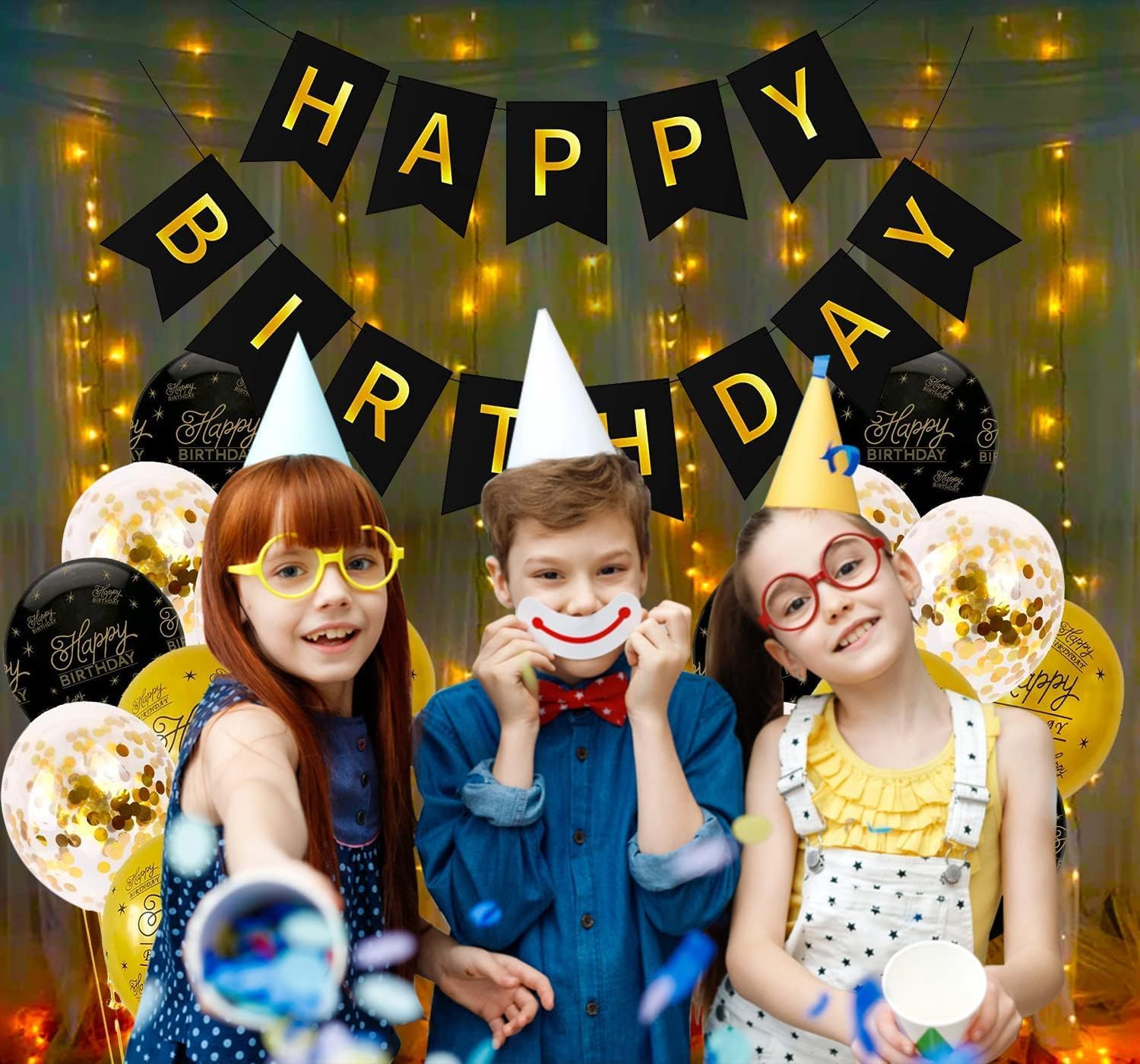 Birthday Decoration Items – Happy Birthday Decoration Black & Gold – For Men, Husband, Wife, Women – Includes Confetti, Metallic & Foil Balloons – 1 Piece