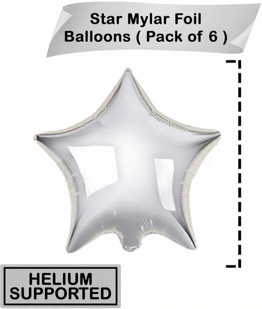 Silver Star Balloons for Party Decoration - Pack of 6, 18 Inch | Twinkle Little Star Silver Balloons for Birthday | Star Shaped Balloon for Baby Shower, Wedding, Magical Prom, Engagement, Anniversary