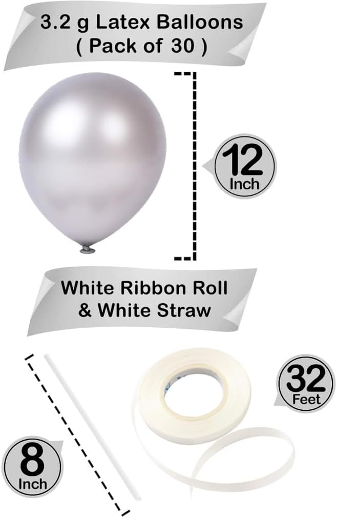 Silver Latex Balloons Kit - Pack of 30 | Silver Balloon for Arch Decoration | Shiny Silver Balloons for Graduation Decoration | Latex Balloons for Birthday, Bridal Baby Shower, Home, Office Decor