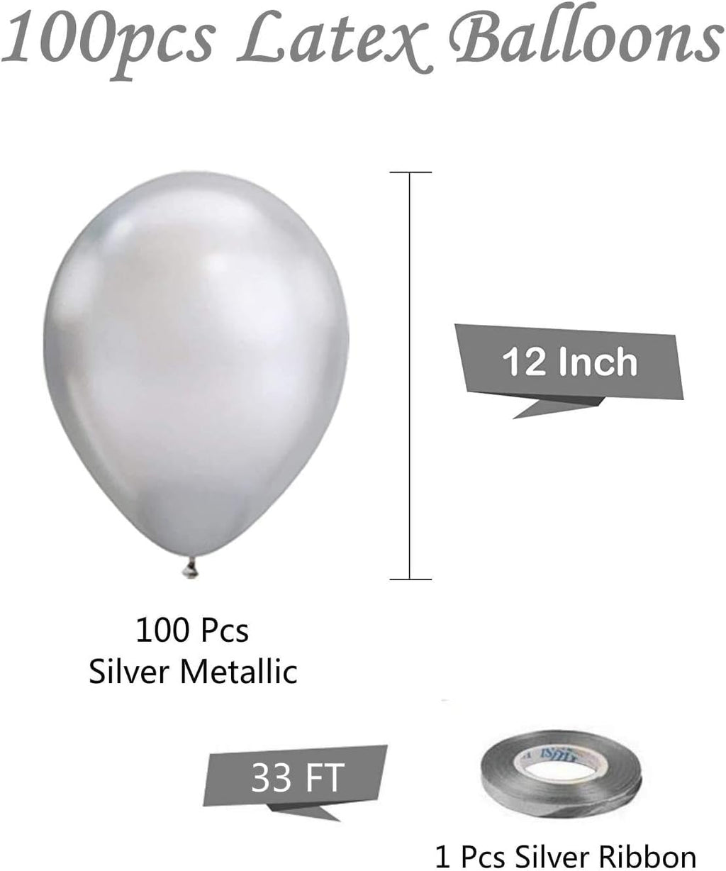 Silver Metallic Chrome Latex Balloons – 100 Pack, 12 inch Silver Round Helium Balloons for Wedding, Graduation, Anniversary, Baby Shower, and Birthday Party Decorations