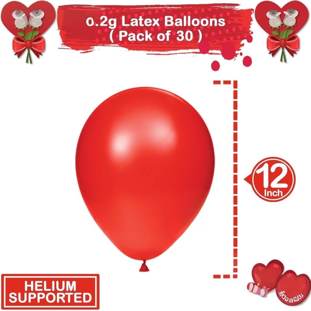 Red Latex Balloons Kit - Pack of 30 | Bright Red Balloons for Wedding Decorations | Chrome Latex Ruby Red Party Balloons for Birthday, Anniversary, Valentines Decoration, Proposal, Christmas