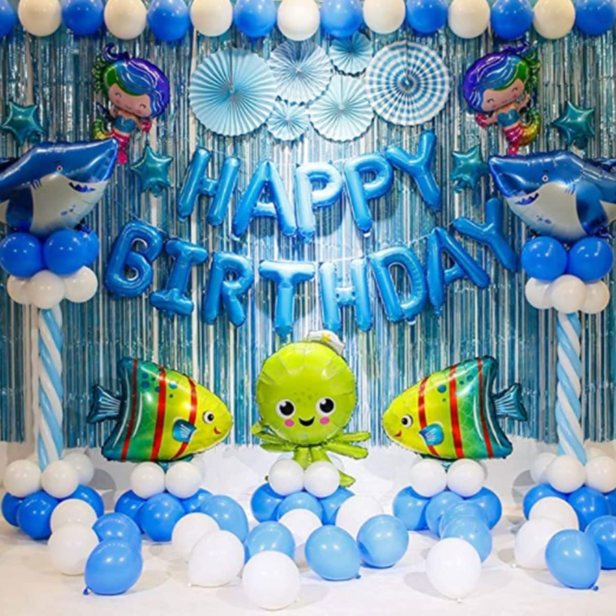 3Pcs Blue Foil Fringe Curtain, Foil Metallic Fringe Shimmer Backdrop Curtains for Birthday Party Decorations | Blue Birthday Curtains for Baby Shower - 1x2m