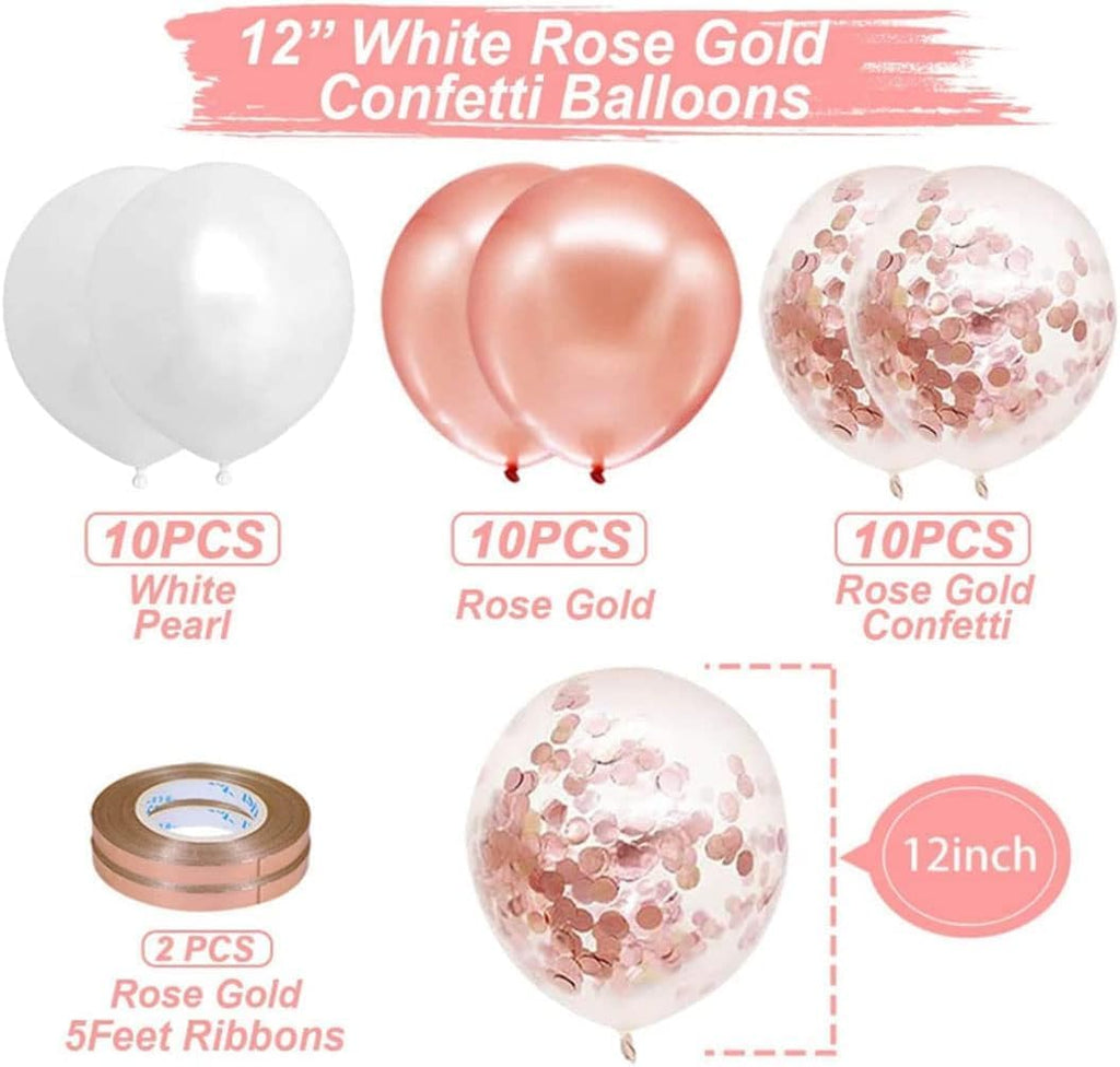 Rose Gold Happy Birthday Balloon Banner with White and Rose Gold Confetti Balloons – Perfect decoration for women’s and girls’ birthday parties.