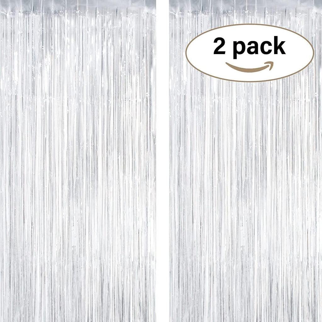 Metallic Tinsel Foil Fringe Curtains Party Photo Backdrop – 2-Piece Set, Size 100 x 200 cm, Silver