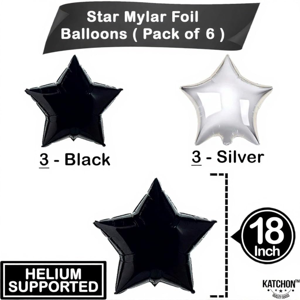 Black and Silver Star Shaped Balloons – 18 Inch, Pack of 6 | Perfect for New Year's Eve, Graduation Parties | Black and Silver Star Balloons for Class of 2024 Party Decoration