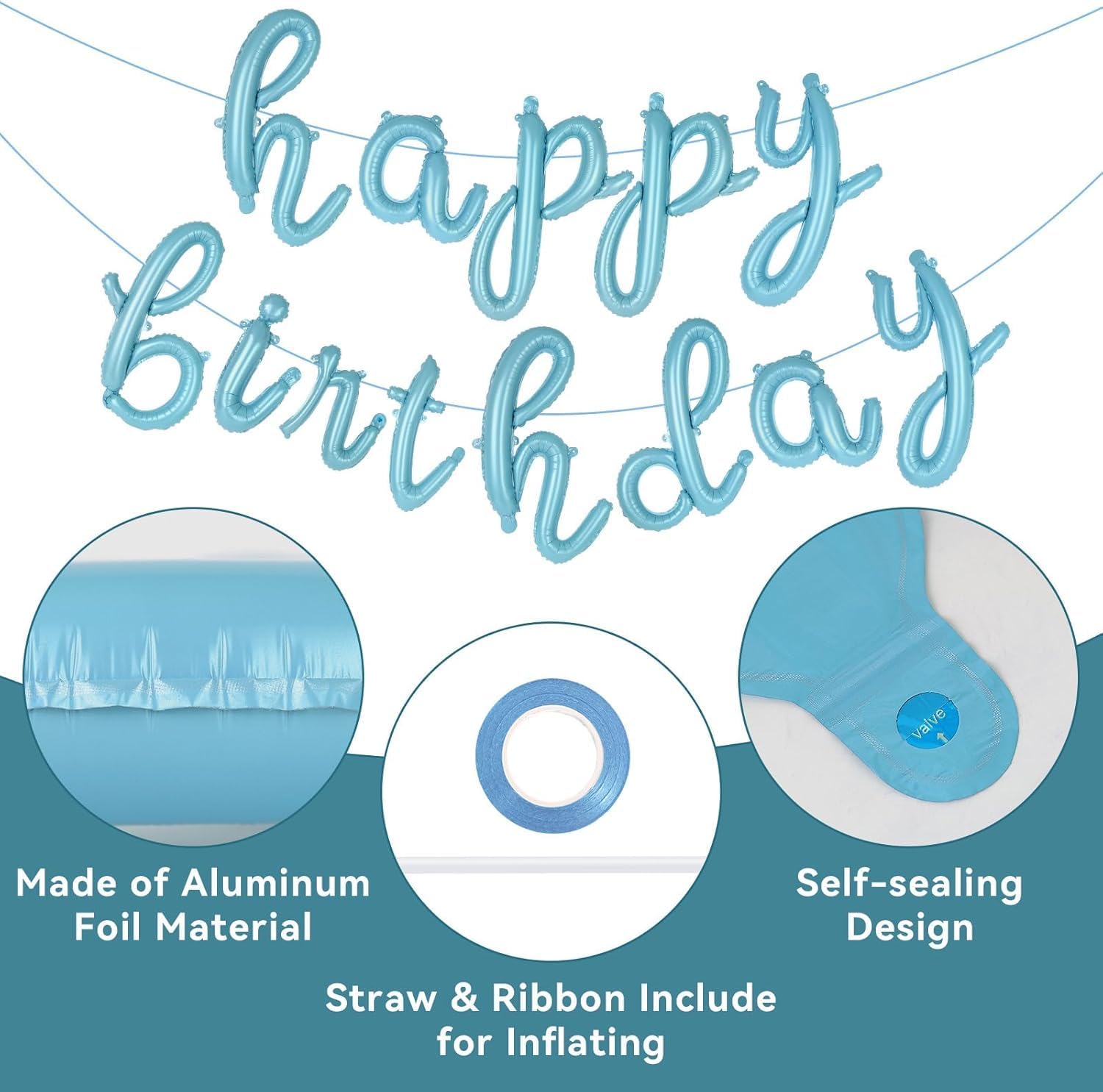 Cursive Happy Birthday Banner Balloons – Foil Letter Balloons Blue – Happy Birthday Sign – Birthday Party Decoration for Boys, Girls, Men & Women – Birthday Balloons
