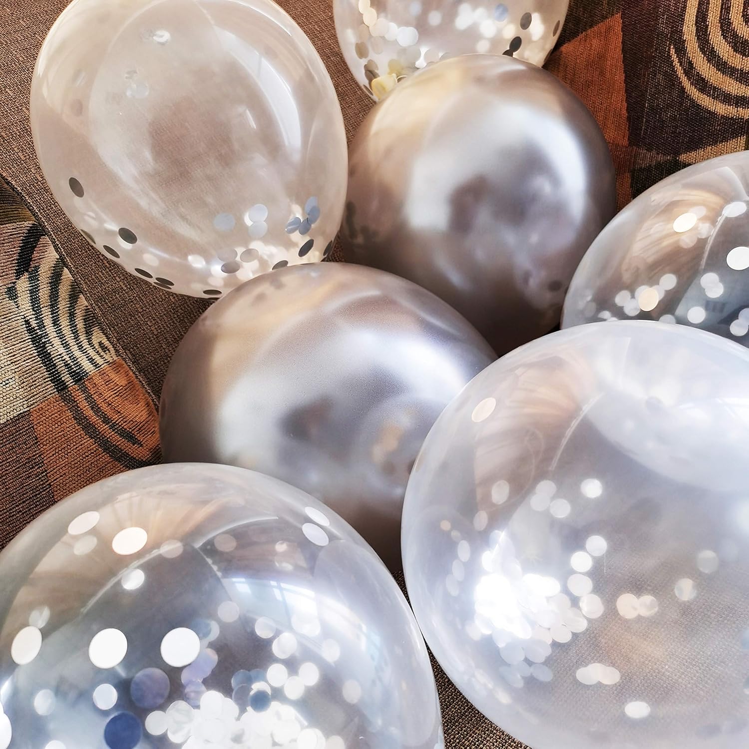 50 12-inch Latex Balloons, 25 Pearlized Pearlescent Silver+25 Transparent with Confetti Large Thick Big Round Shining Biodegradable Bulk Helium Gas Air Inflated Kids Birthday Wedding Party Decorations