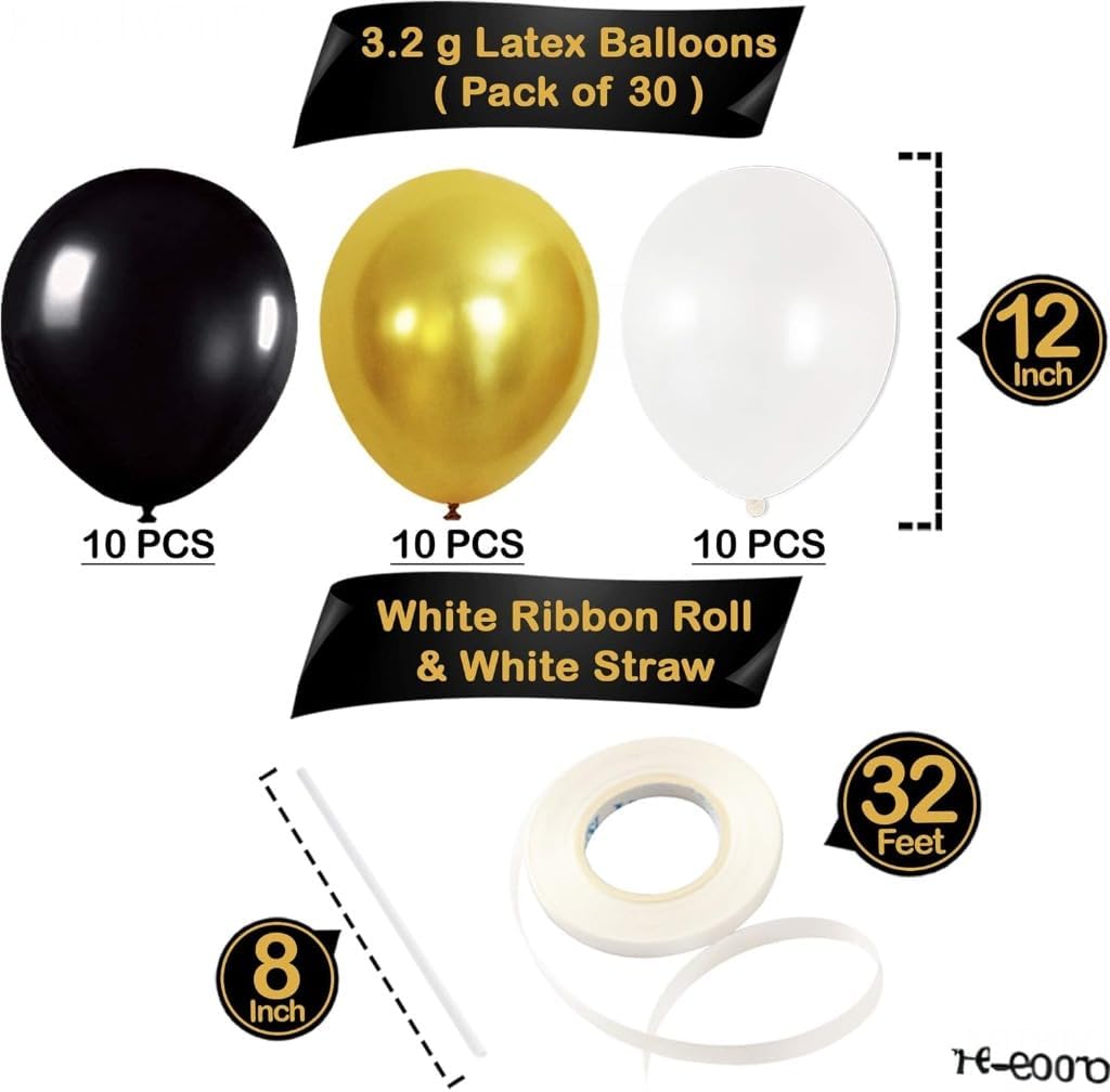 Gold and Black Party Balloons - Pack of 30, 12 Inch | White Latex Balloons | Gold Party Decorations | Birthday and Bachelorette Decorations | Bridal Shower, Wedding, Home and Office Decor Supplies Kit