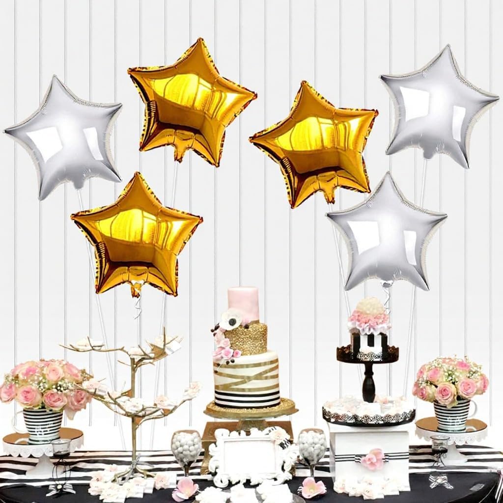Gold and Silver Star Foil Balloon Set – 6 Pack, 18 Inch Shining Gold and Silver Party Balloons for Birthday Decoration Star-Shaped Helium Balloons for Wedding Decor, Holiday Party, Bridal Shower, and