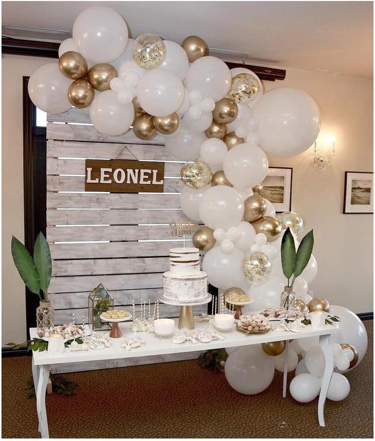 Confetti Balloons 12" Party Latex Birthday Baby Shower Wedding for More Parties 50 Pcs Pack-White, Gold, Golden Confettii with Ribbon