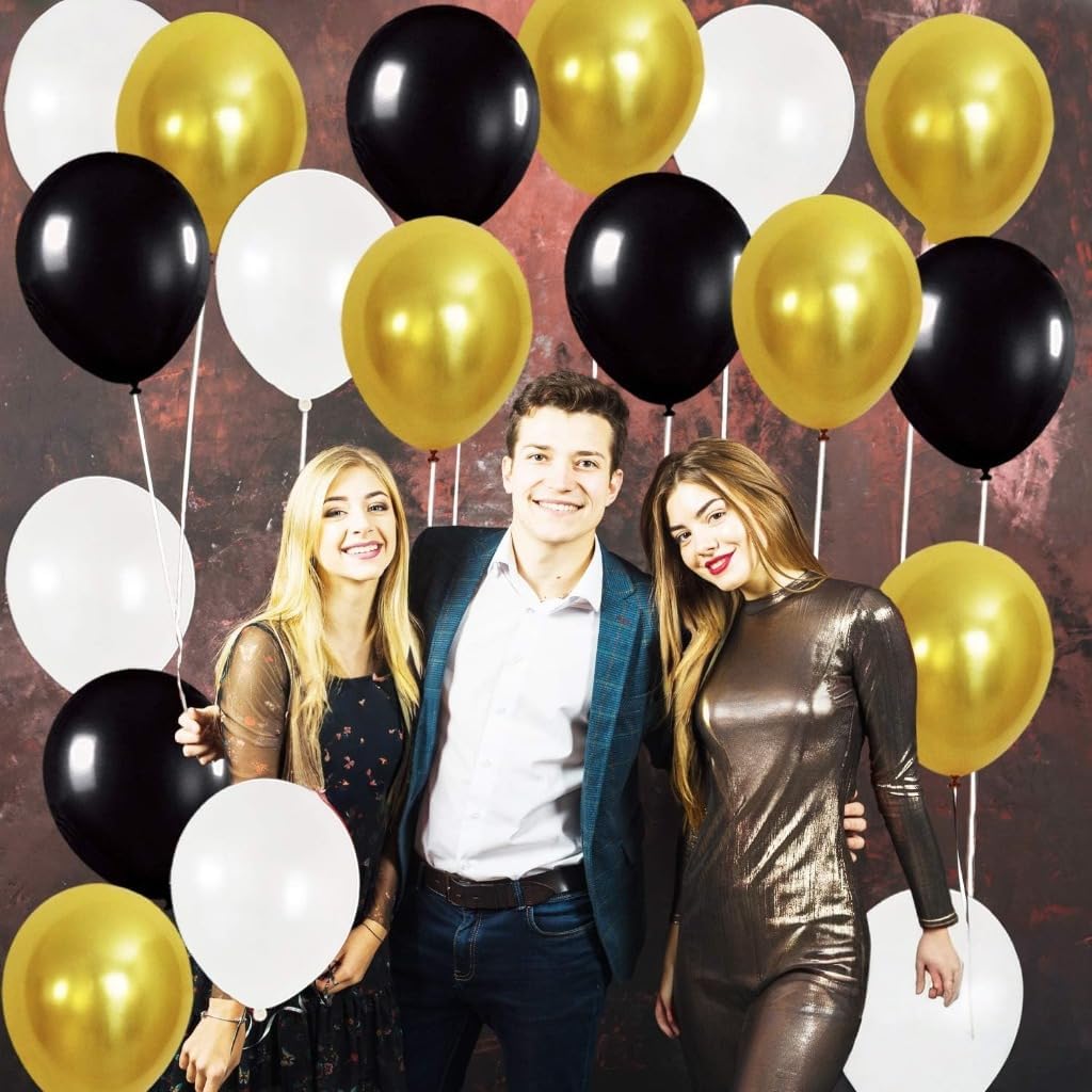 Gold and Black Party Balloons – Pack of 50 | White Latex Balloons | Gold Party Decorations | Chrome Latex Balloons for Birthday, Bachelorette Decor, Bridal Shower, Home, Office Decor Supplies Kit
