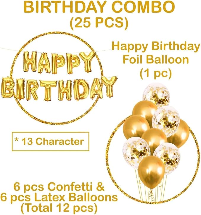 25Pcs Golden Happy Birthday Foil Balloon, Confetti and Metallic Balloons Combo for Birthday Decoration Items for Kids