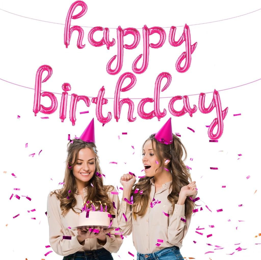 Pink Birthday Banner – 16 Inch | Hot Pink Balloons, Decorations | Happy Birthday Banner, Party Decorations