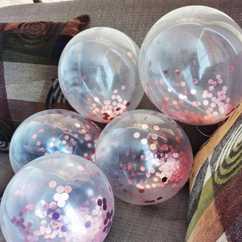 50 12-inch Transparent Latex Balloons with Rose Gold Confetti Large Thick Big Round Shining Biodegradable Bulk Helium Gas or Air Inflated for Kids Birthday Wedding Party Decorations Supplies Favors