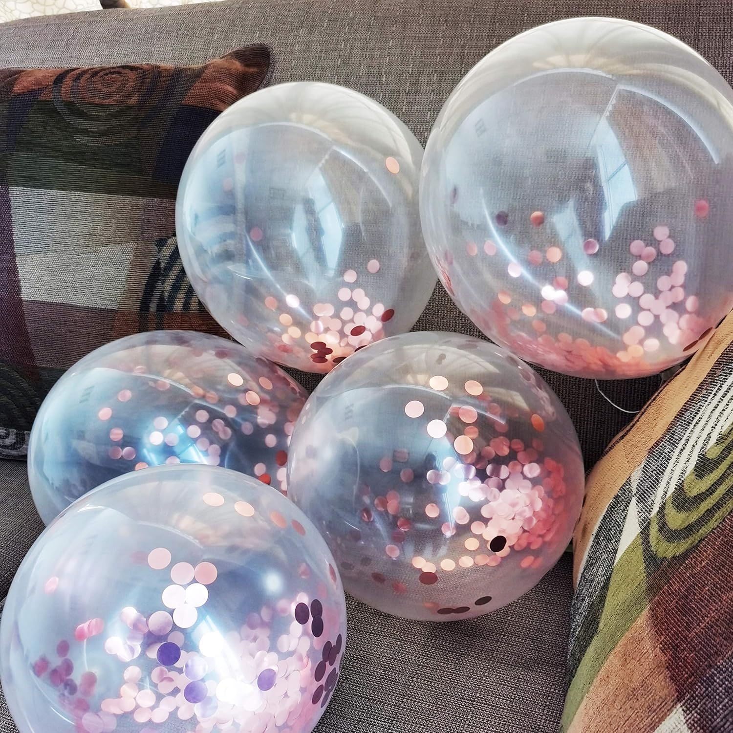 50 12-inch Transparent Latex Balloons with Rose Gold Confetti Large Thick Big Round Shining Biodegradable Bulk Helium Gas or Air Inflated for Kids Birthday Wedding Party Decorations Supplies Favors