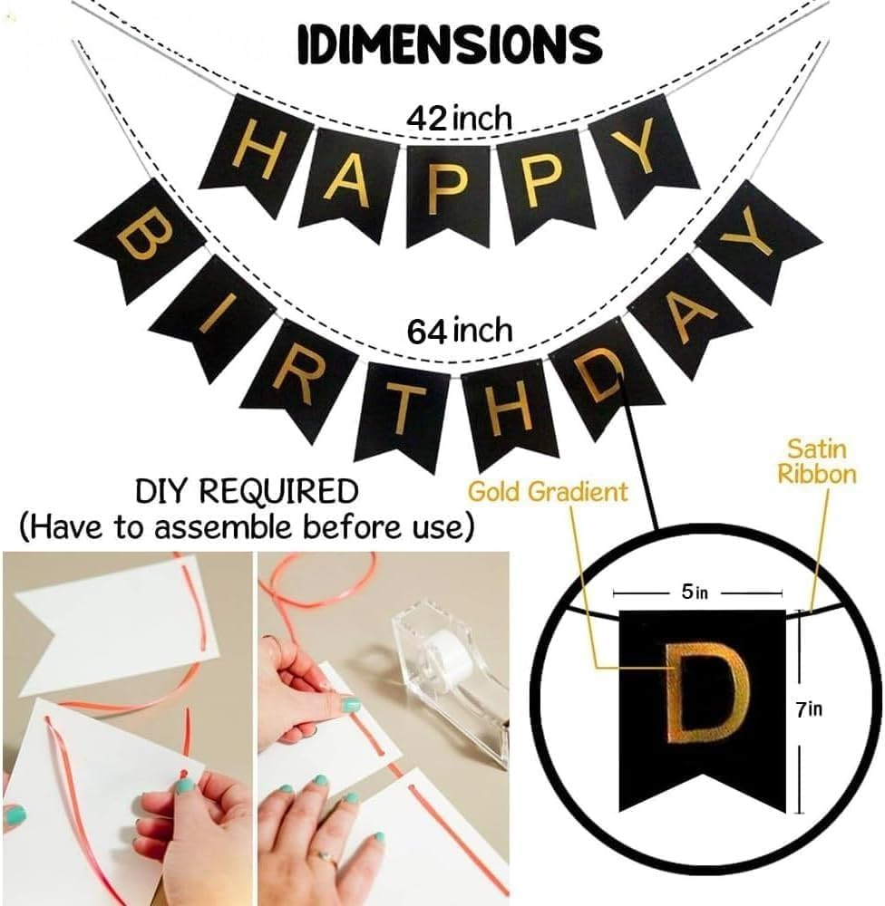 9 Pcs Happy Birthday Decoration Set – Black "Happy Birthday" Banner with Confetti Balloons and Ribbon – Birthday Party Decoration for All Ages