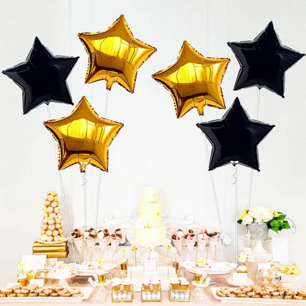 Gold and Black Star Foil Balloon Set - 6 Pack, 18 Inch | Twinkle Little Gold Black Party Balloons for Birthday Decoration | Star Shaped Helium Balloons for Wedding, Engagement, Bridal Baby Shower