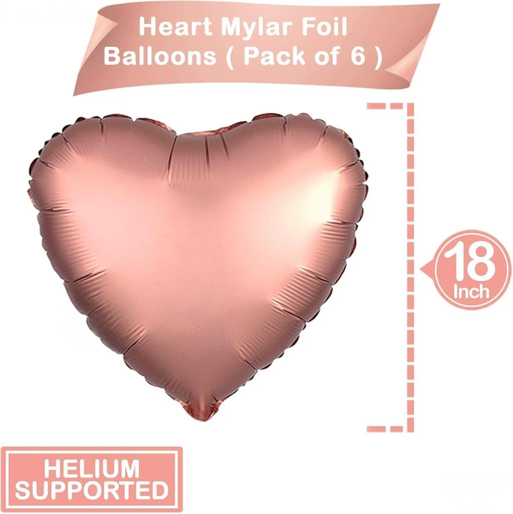 Rose Gold Heart Balloons – Pack of 6, 18 Inch | Foil Heart Shaped Balloons for Wedding Decorations | Rose Gold Balloons for Engagement, Bridal Shower, Birthday, Valentines Decorations or Anniversary