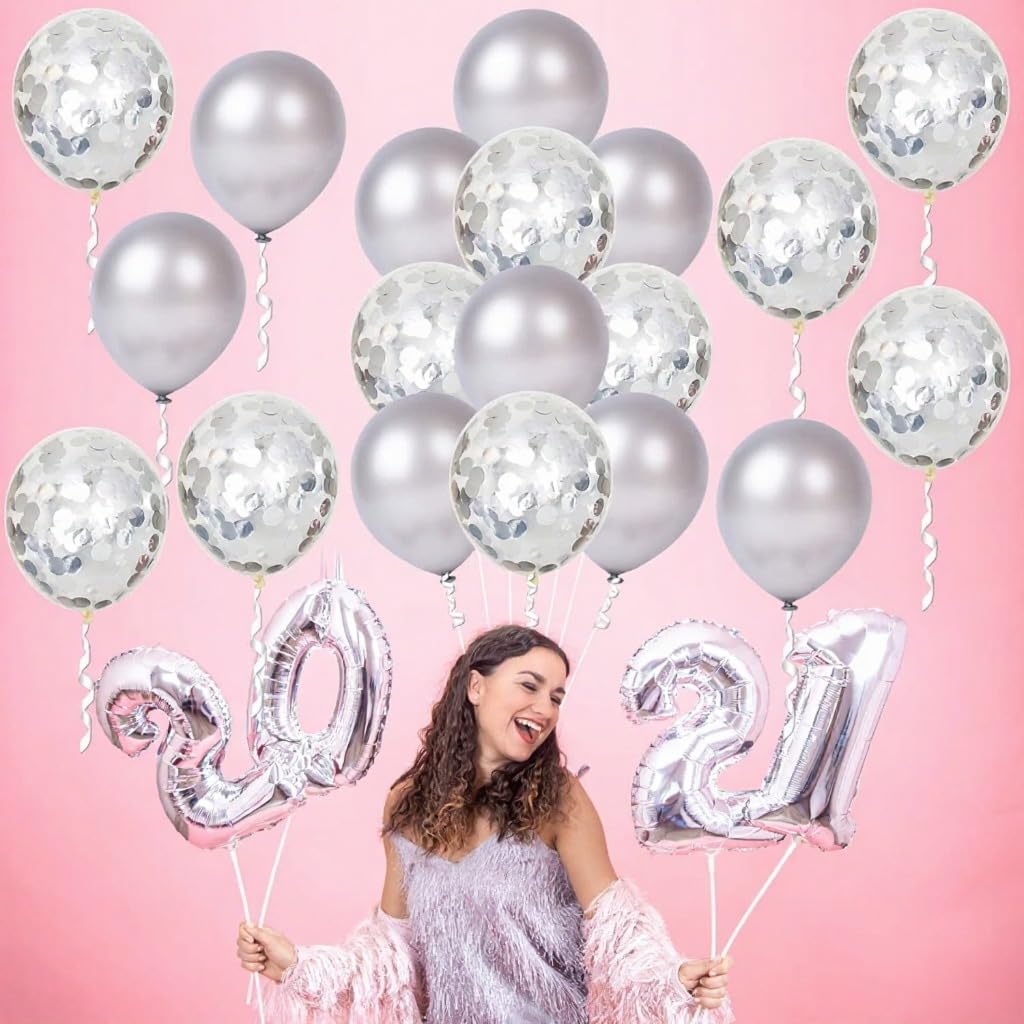 Silver and Silver Confetti Latex Balloons Kit - Pack of 30 | Latex Silver and Confetti Balloons for Birthday | Shiny Silver Confetti Balloons for Wedding Decorations, Anniversary, Bridal, Baby Shower