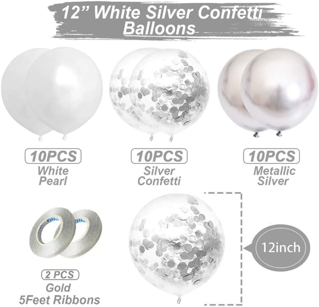Silver Happy Birthday Balloon Banner with White and Silver Confetti Balloons – Ideal for birthday party decorations.